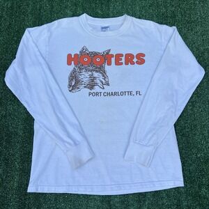 Vintage Hooters T-Shirt Mens Medium White Long Sleeve Port Charlotte, FL 90s Y2K